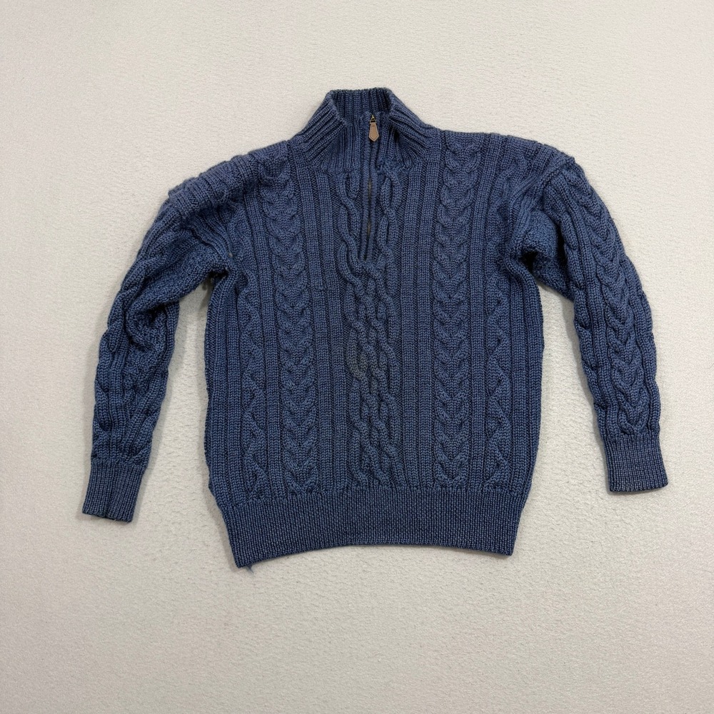 WoolOvers Sweater Mens Medium Blue 1/4 Zip Cable Knit 100% British Wool Pullover